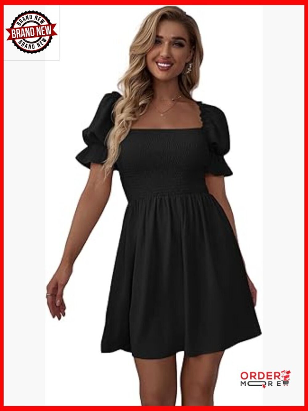 Square Neck Flounce Short Sleeve Shirred Ruffle Hem Dress Casual Soft